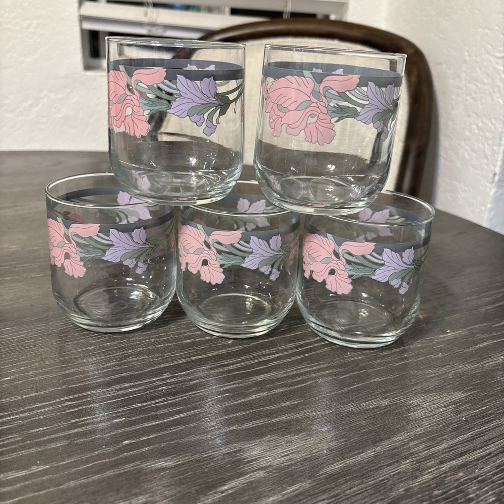 5 Vintage Noritake Cafe du Soir 10 Oz Juice Rocks Glasses 1980s Purple/Pink Iris